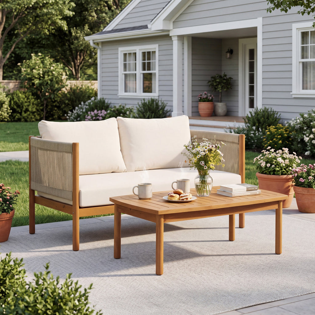 Outdoor Loveseat and Coffee Table Set with Acacia Wood Frame