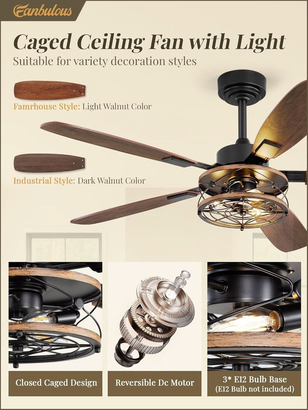 52 Inch Black Farmhouse Ceiling Fan With Light And Remote