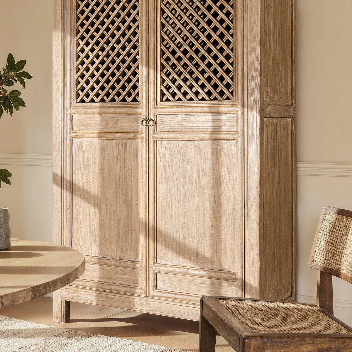 Arden 83" Tall Solid Reclaimed Pine Lattice 2-Door Bookcase