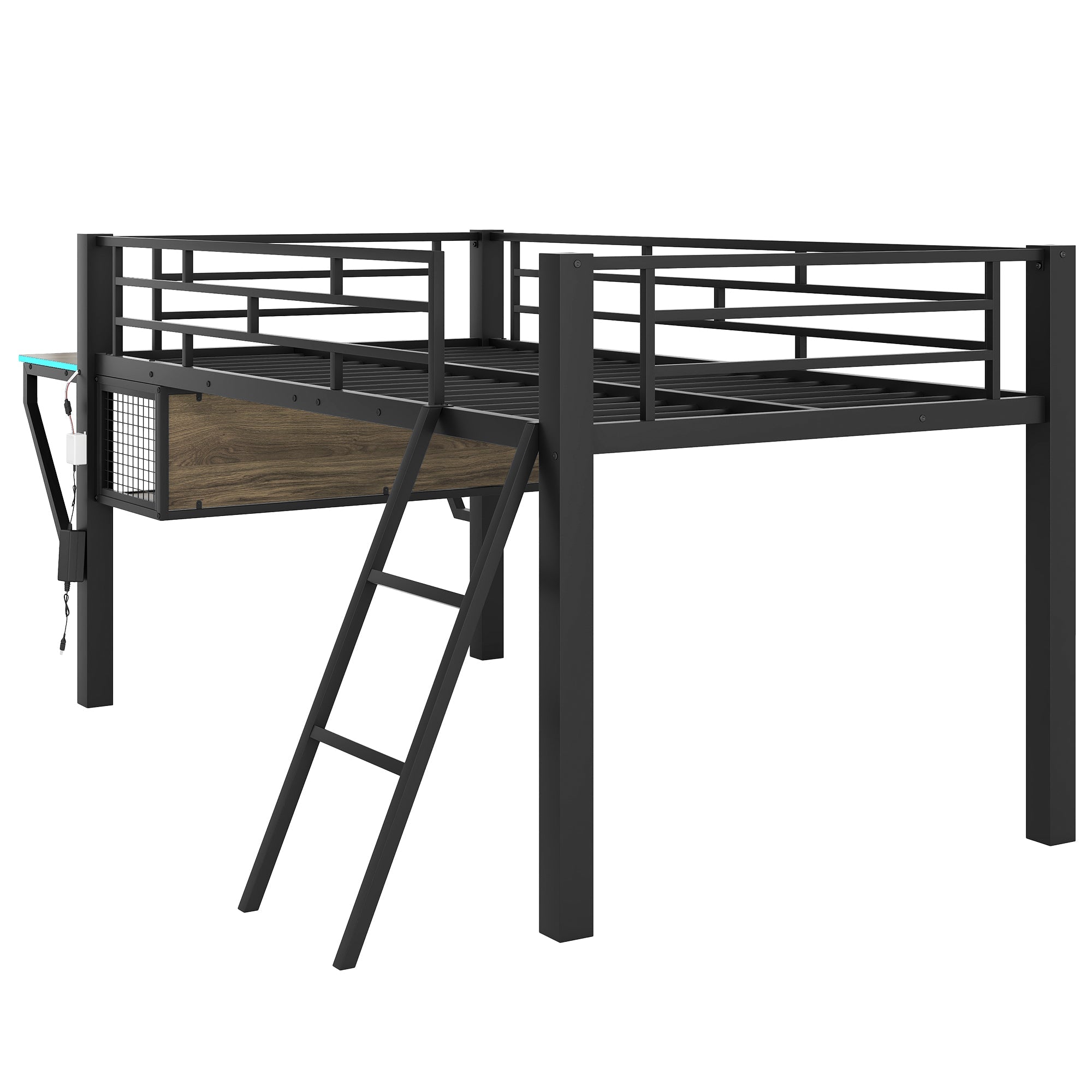 Gaming Mid Loft Bed With Desk & LED, Twin Size