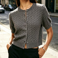 2026 Amazon Fall Wool Short Sleeve Knit Cardigan Solid Color Round Neck Medium Sleeve Cable Knit Button-Up Sweater Women's Jacket