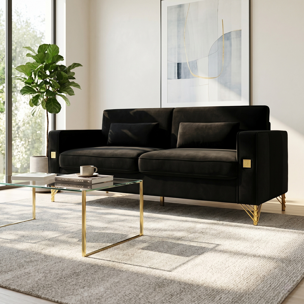 Luxury Velvet Sofa with Gold Metal Accents