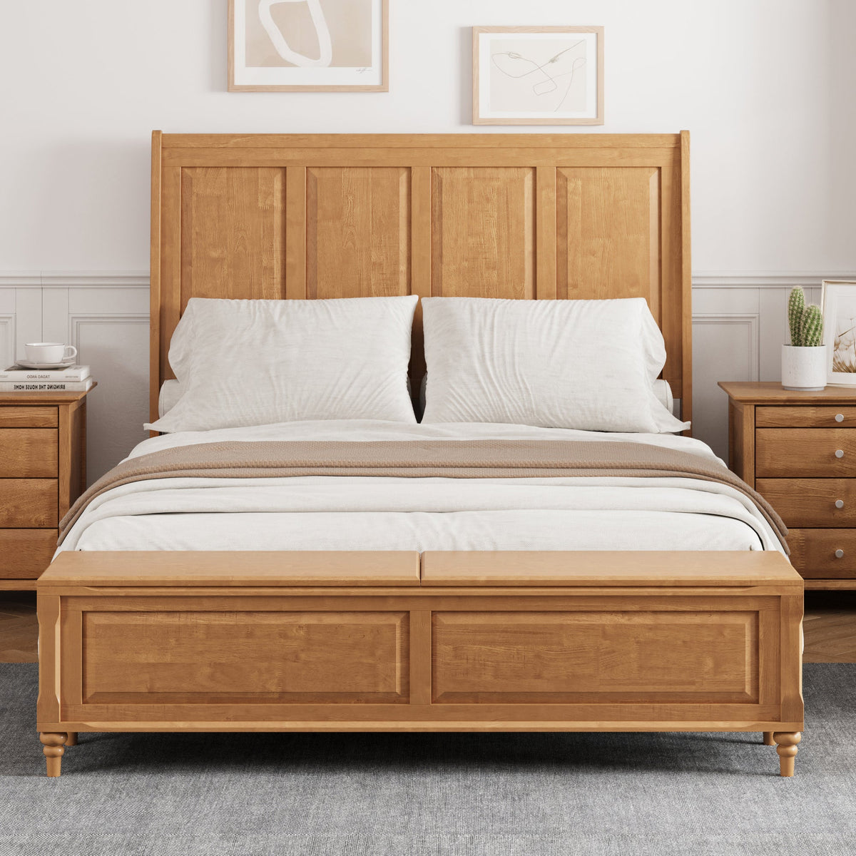 Queen Bed Frame with Tall Headboard and Storage Bench