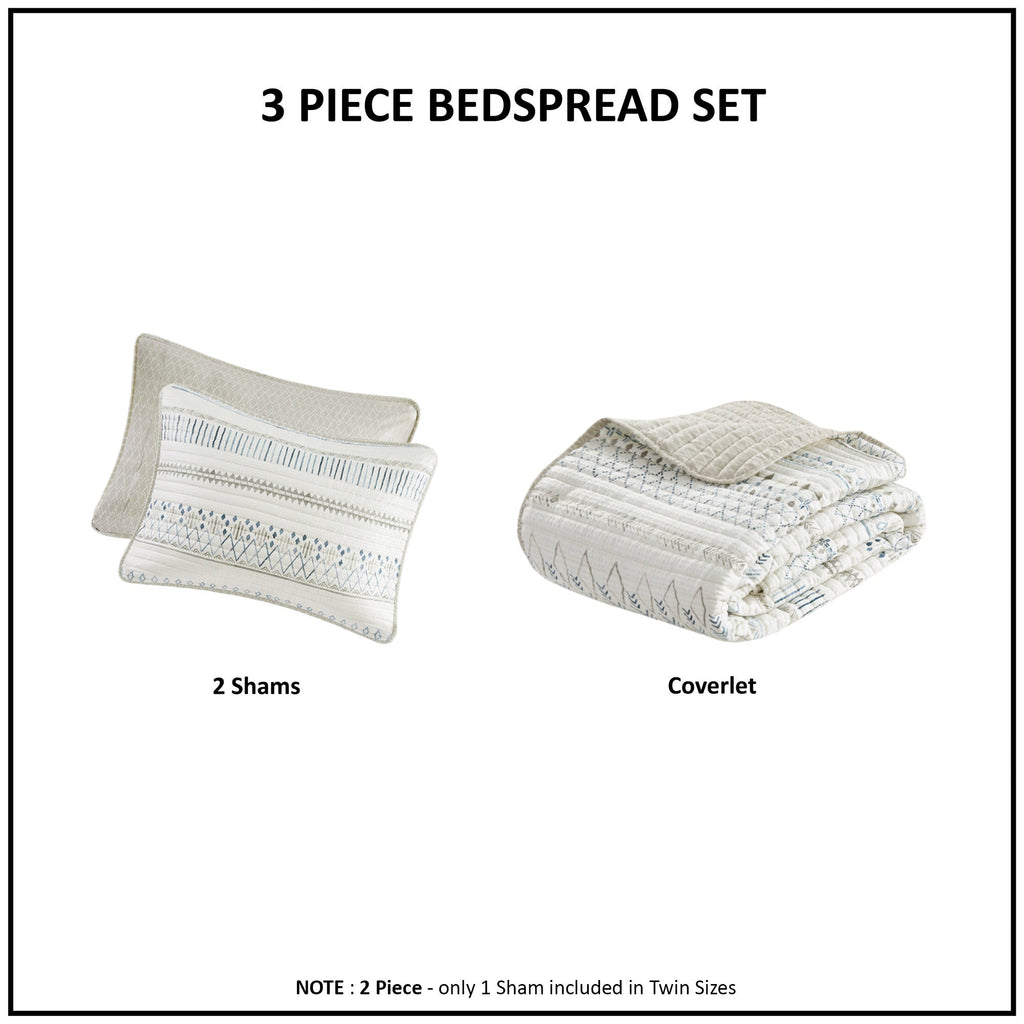 3 Piece Seersucker Quilt Set Taupe/Blue Full/Queen