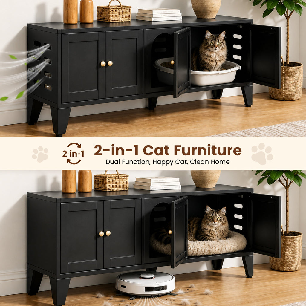 58" Metal Cat Litter Box Enclosure, Hidden Litter Box Furniture for 2 Cats