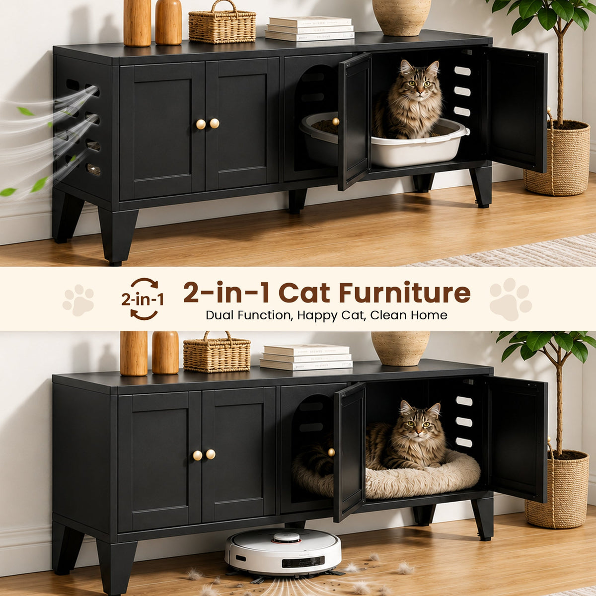 58" Metal Cat Litter Box Enclosure, Hidden Litter Box Furniture for 2 Cats