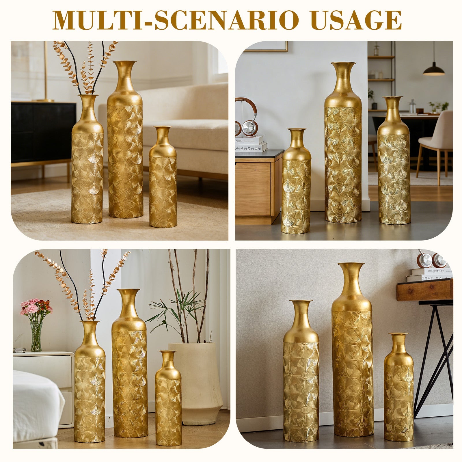3 Pack Gold Metal Vases