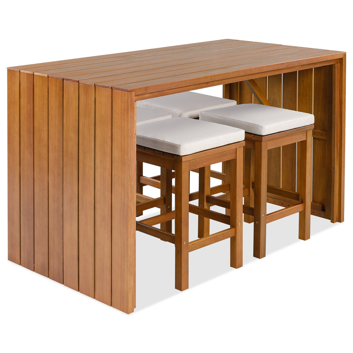 5 Piece Outdoor Bar Set, Patio Acacia Wood Bar Height Table & Stools