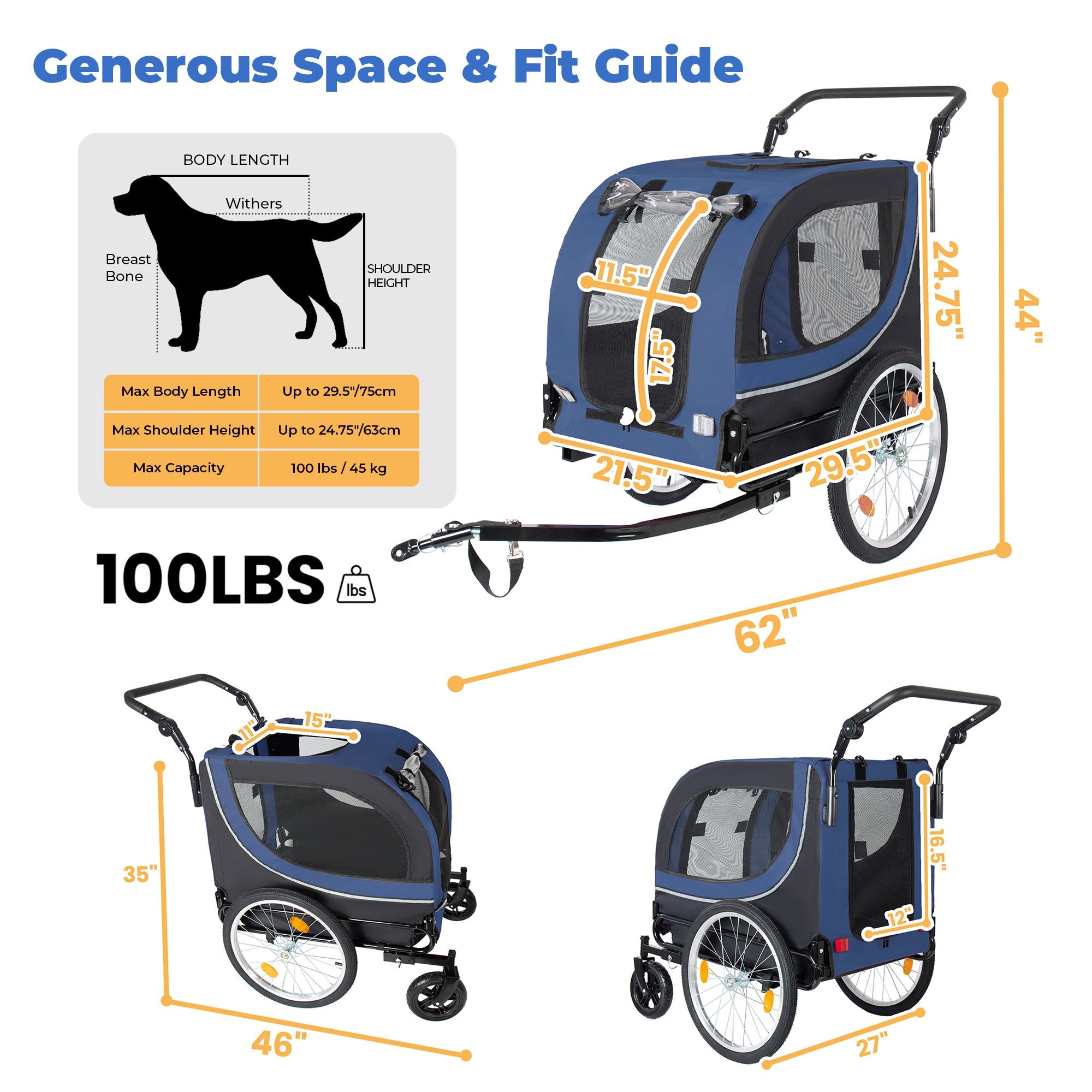 2-in-1 Bike Trailer & Pet Stroller for Dogs up to 100lbs