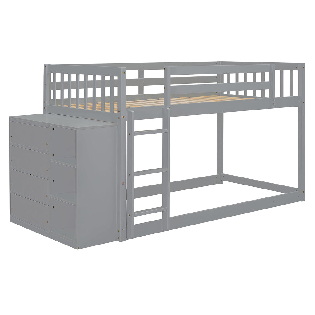 Twin Over Twin Bunk Bed with 4 Drawers and 3 Shelves - Gray