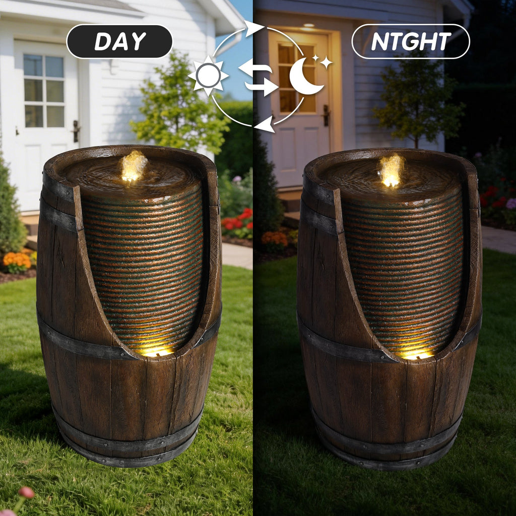 Outdoor Barrel Water Fountain with Lights