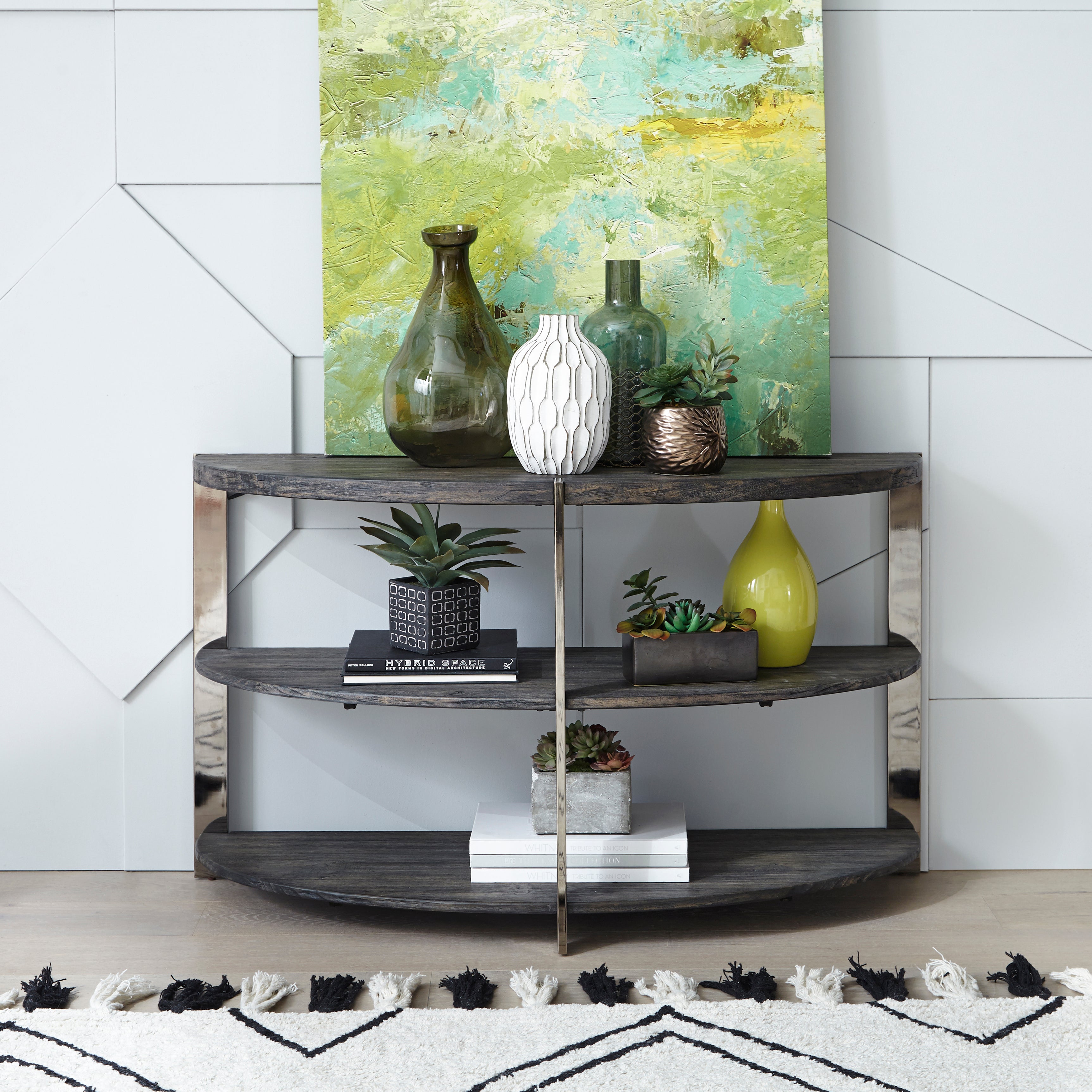 Kalne Console Table Half Moon Shape with 2 Open Shelves