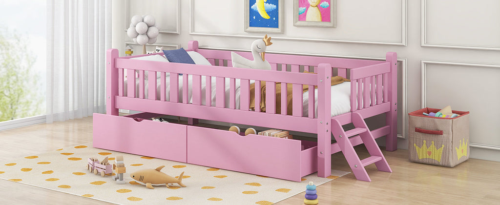 Wood Twin Size Platform Bed with Guardrail and 2 Drawers