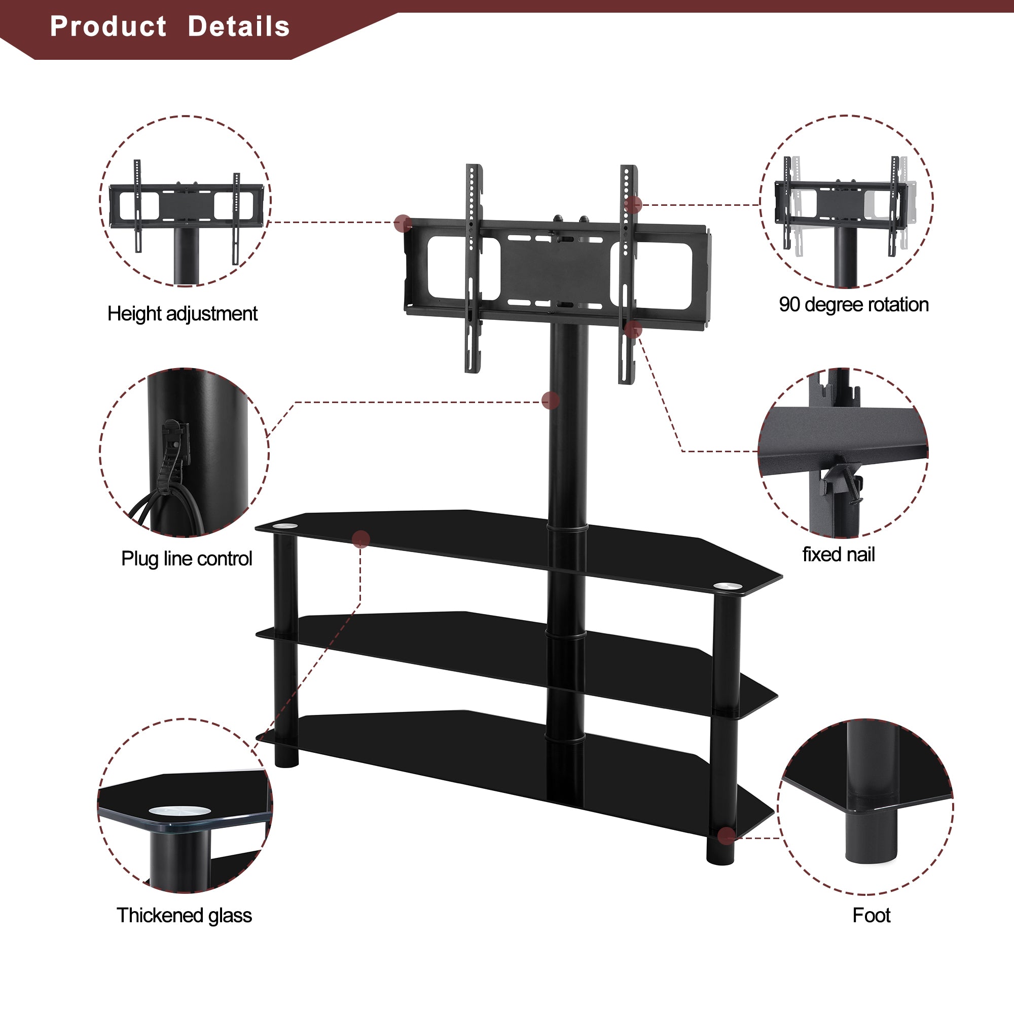 Black Multi-Function TV Stand Height Adjustable Bracket Swivel 3-Tier