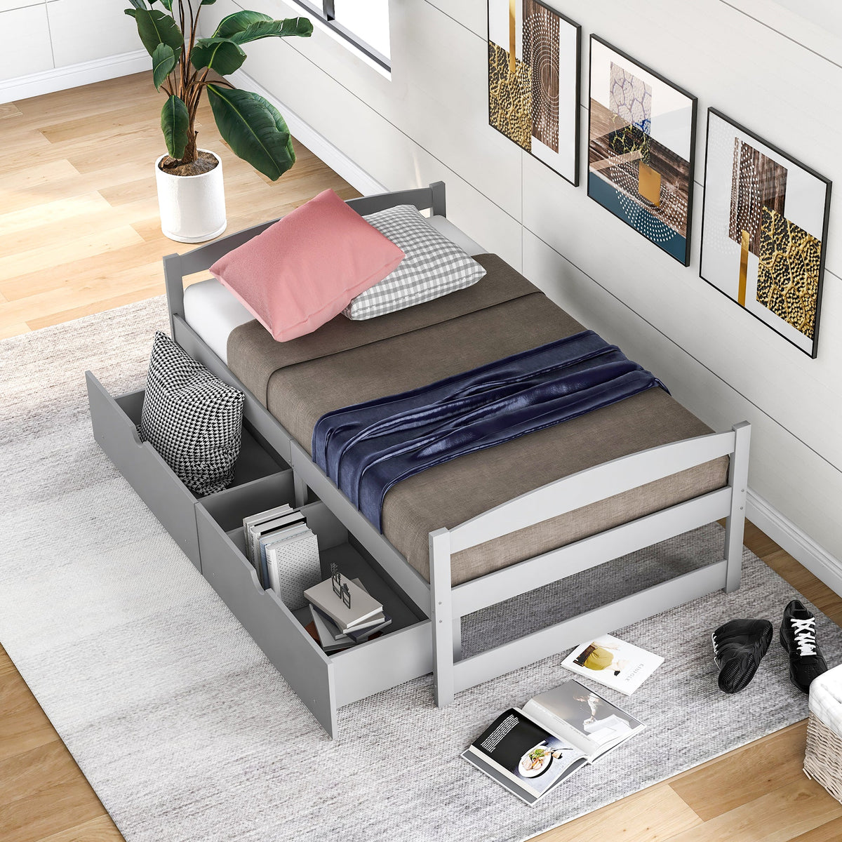 Twin Size Platform Bed With Two Drawers