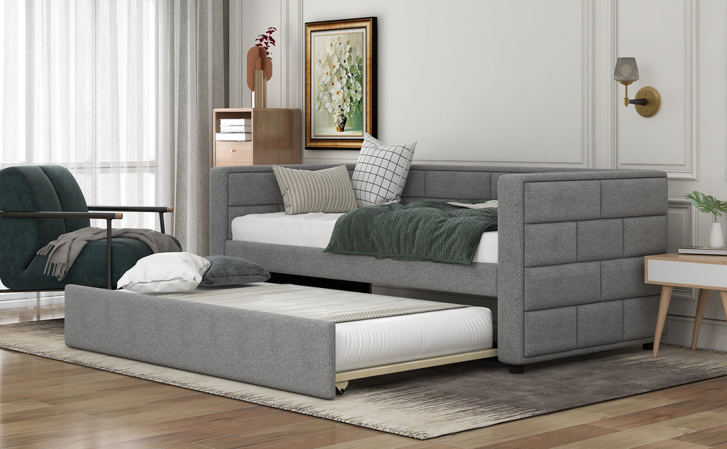 Twin Size Daybed with Trundle, Upholstered Daybed with Padded Back