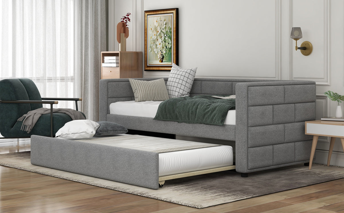 Twin Size Daybed with Trundle, Upholstered Daybed with Padded Back
