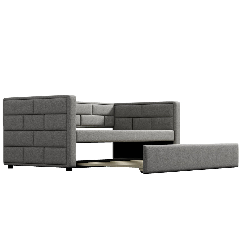 Twin Size Daybed with Trundle, Upholstered Daybed with Padded Back