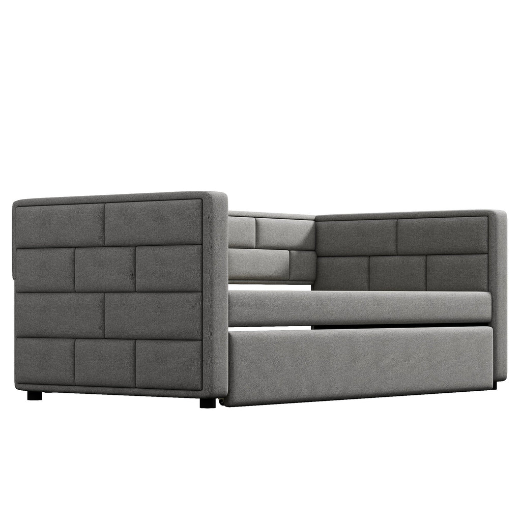Twin Size Daybed with Trundle, Upholstered Daybed with Padded Back
