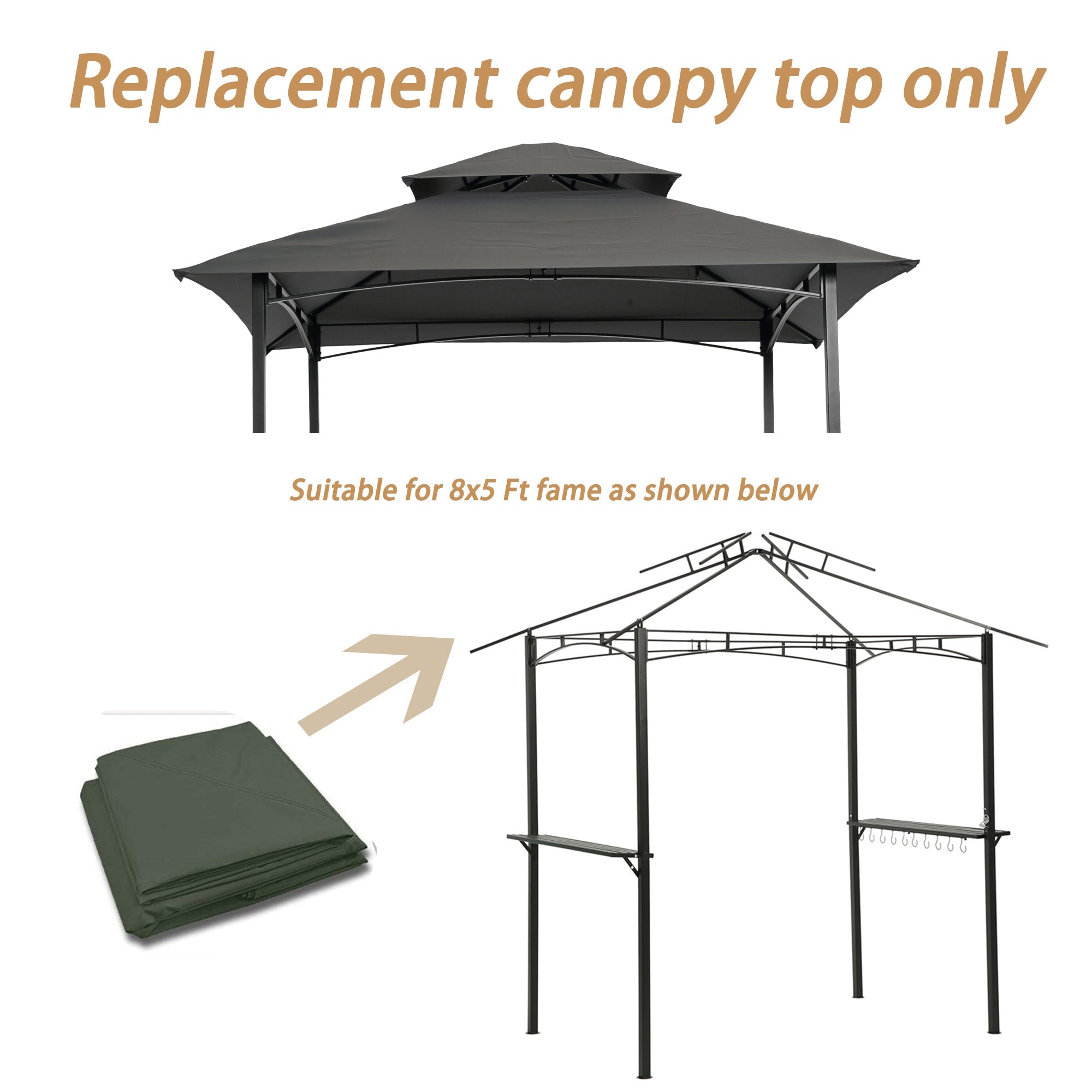 8x5Ft Grill Gazebo Replacement Canopy, Double Tiered BBQ Tent Roof Top Cover