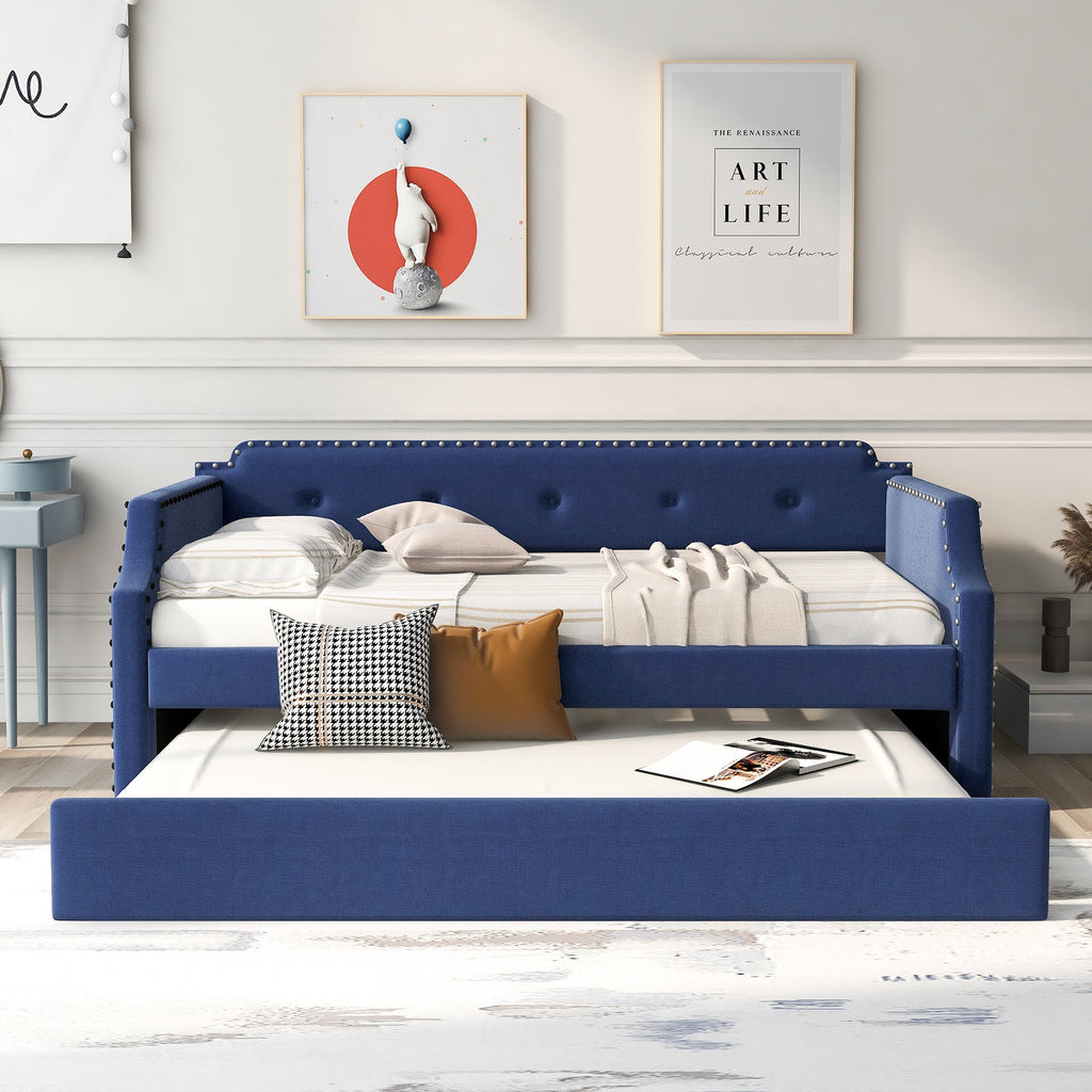 Upholstered Daybed with Trundle, Wood Slat Support, Twin Size