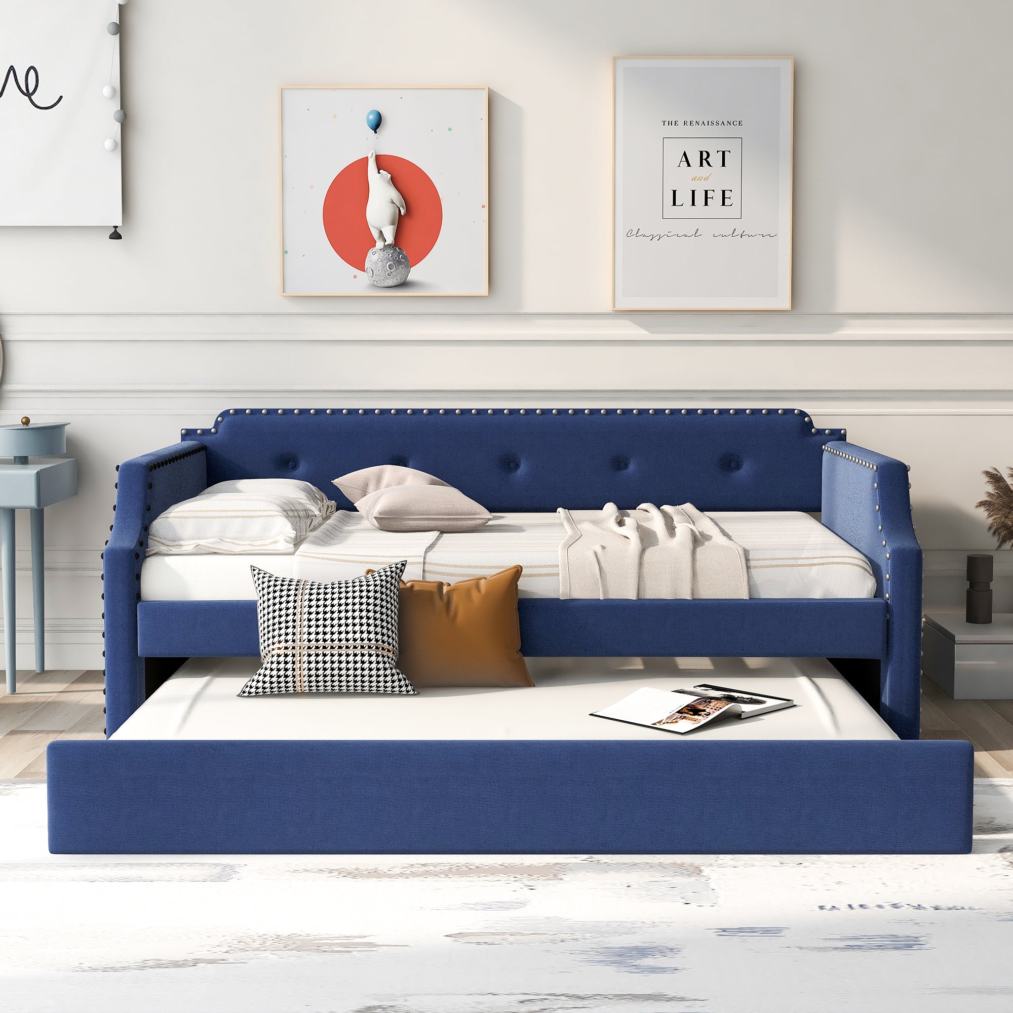 Upholstered Daybed with Trundle, Wood Slat Support, Twin Size