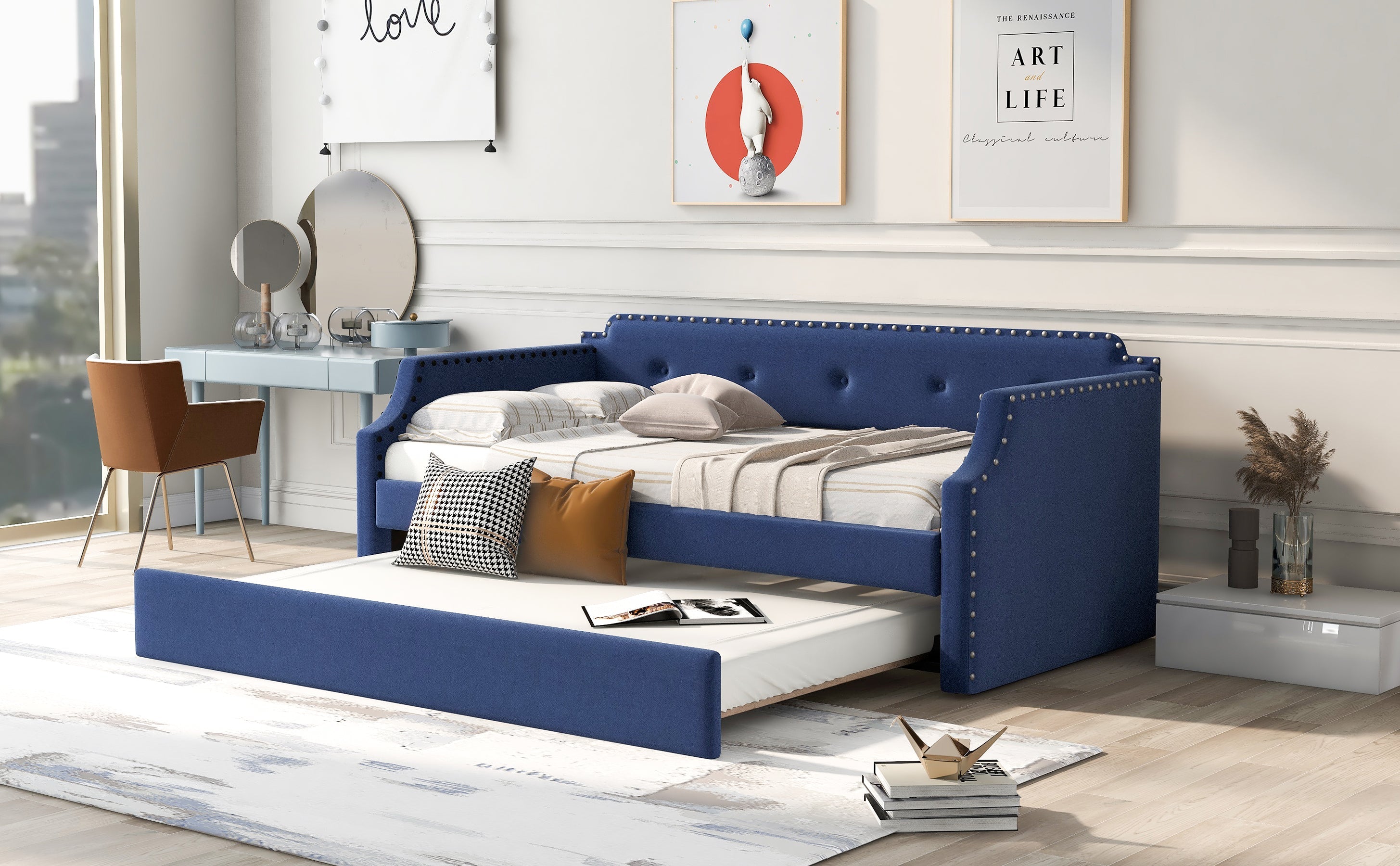 Upholstered Daybed with Trundle, Wood Slat Support, Twin Size