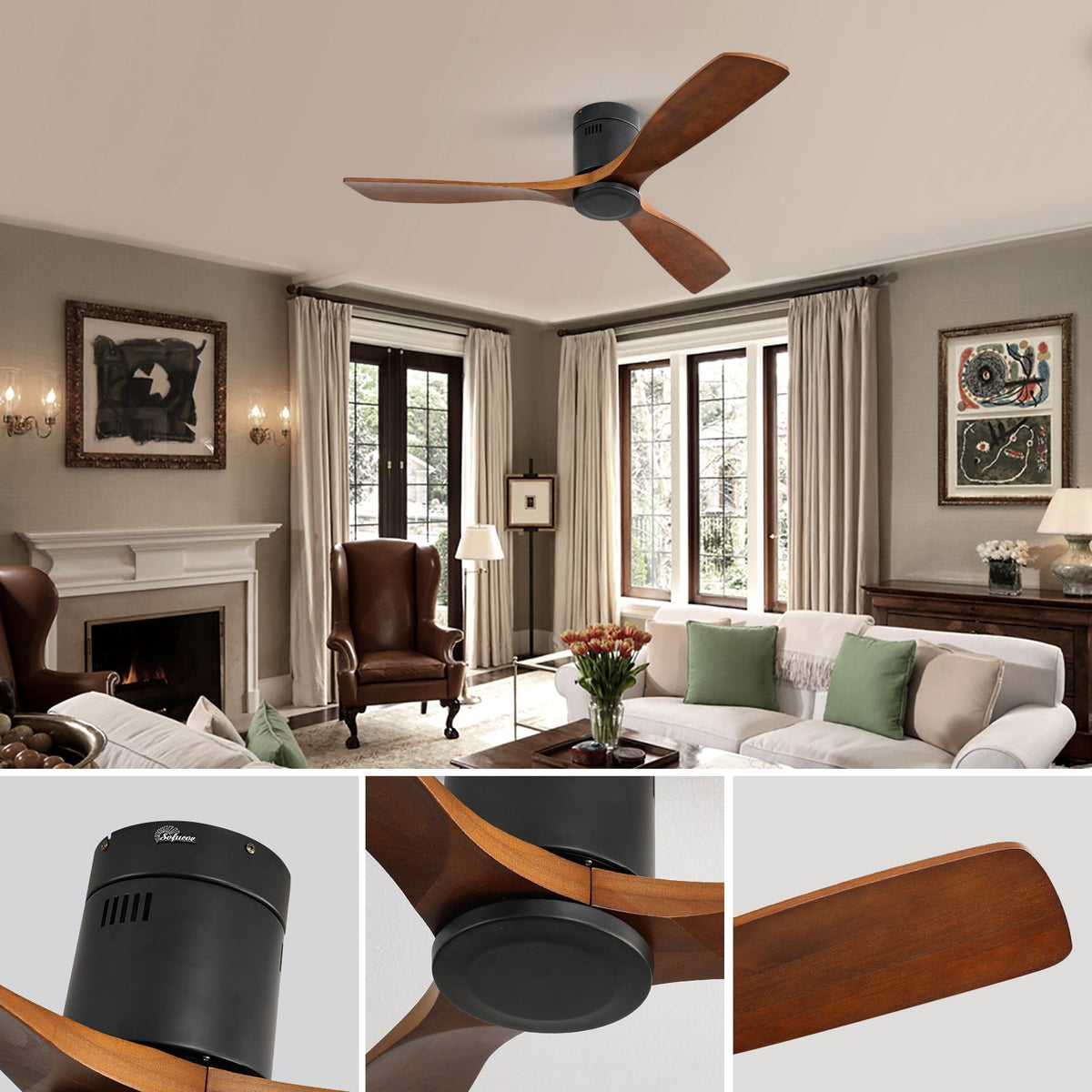 52 Inch Low Profile Ceiling Fan DC 3 Wood Fan Blade