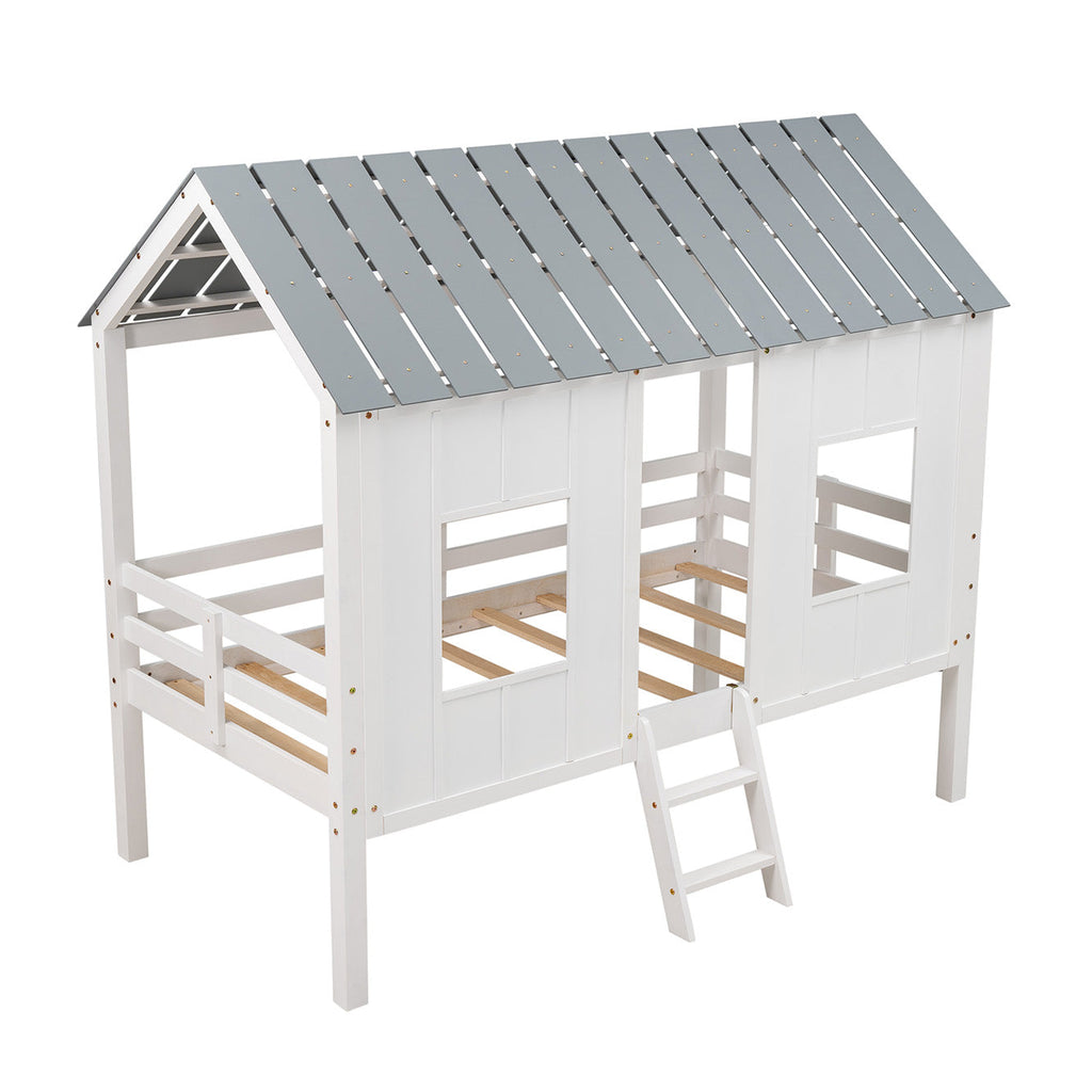 Twin Size Low Loft House Bed with Roof and Two Front Windows