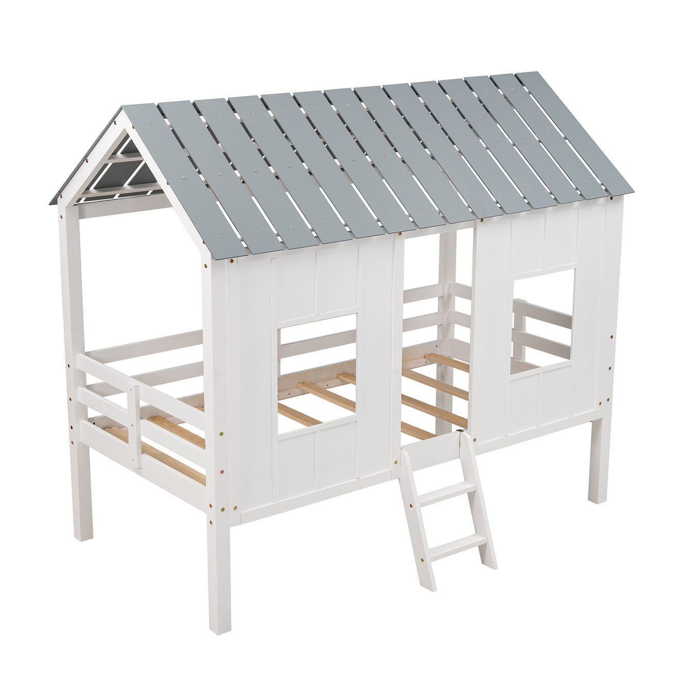 Twin Size Low Loft House Bed with Roof and Two Front Windows