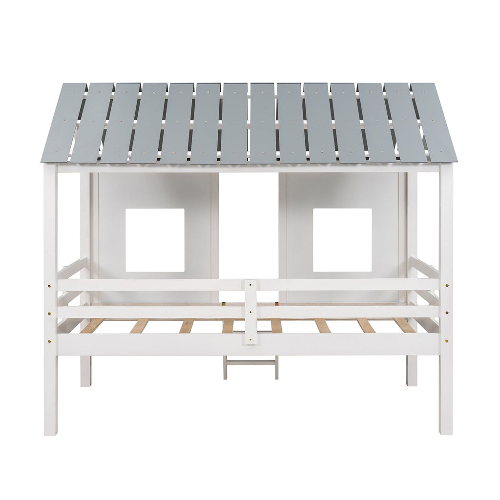 Twin Size Low Loft House Bed with Roof and Two Front Windows