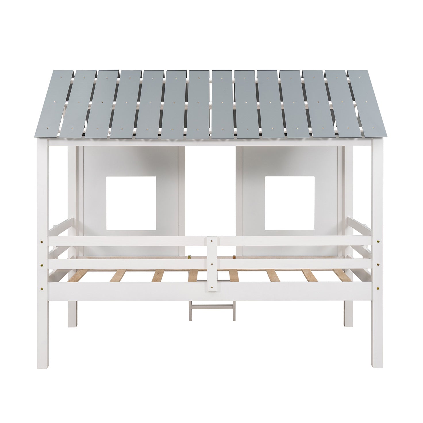 Twin Size Low Loft House Bed with Roof and Two Front Windows