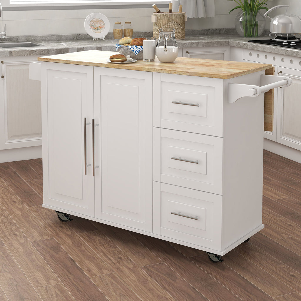 Kitchen Island with Spice Rack and Towel Rack - White