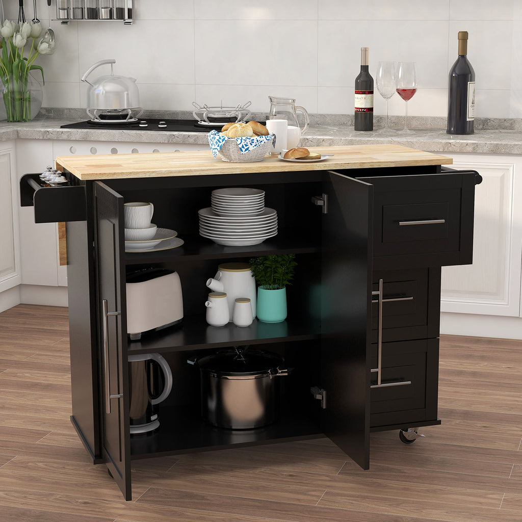 Kitchen Island with Spice Rack and Towel Rack - Black