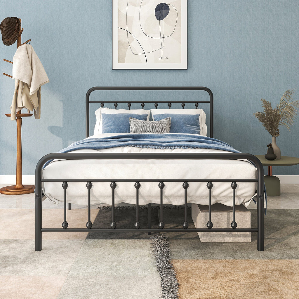 Metal Platform Bed Frame with Victorian Style Headboard