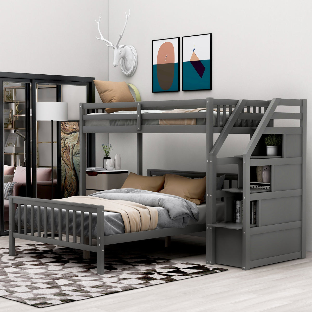 Twin Over Full Loft Bed with Staircase, Gray