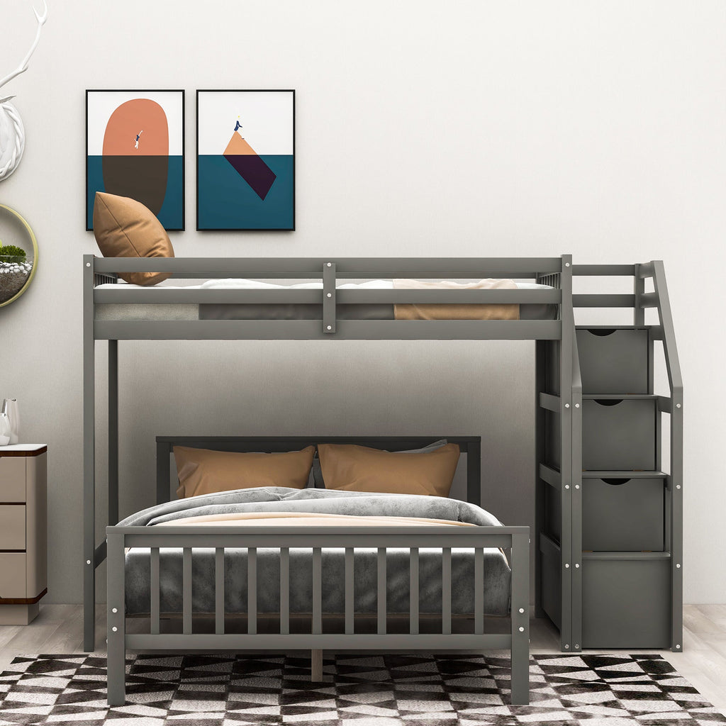 Twin Over Full Loft Bed with Staircase, Gray