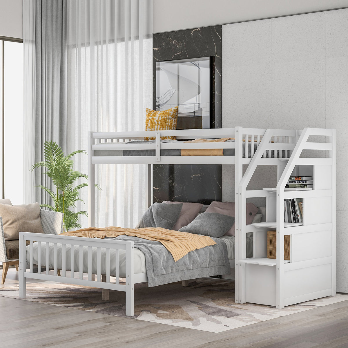 Twin Over Full Loft Bed with Staircase, White