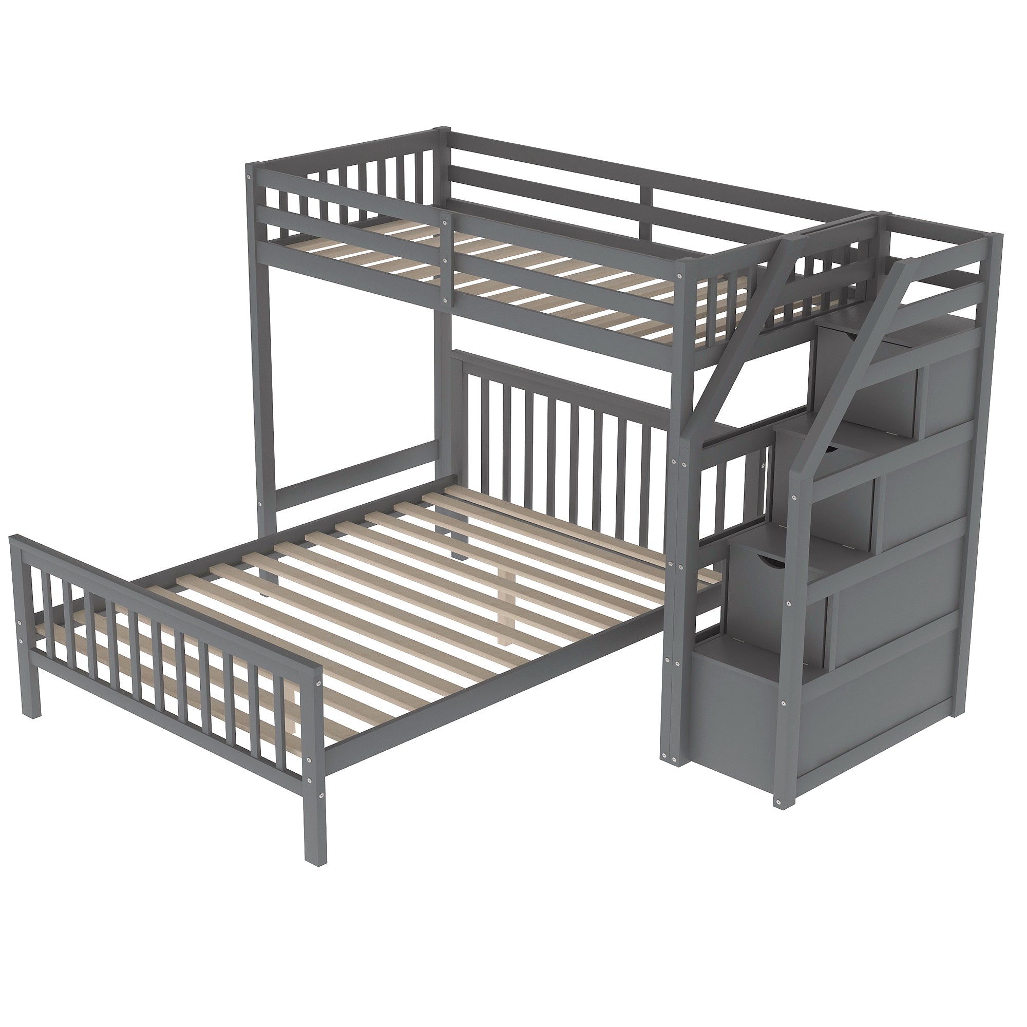 Twin Over Full Loft Bed with Staircase, Gray