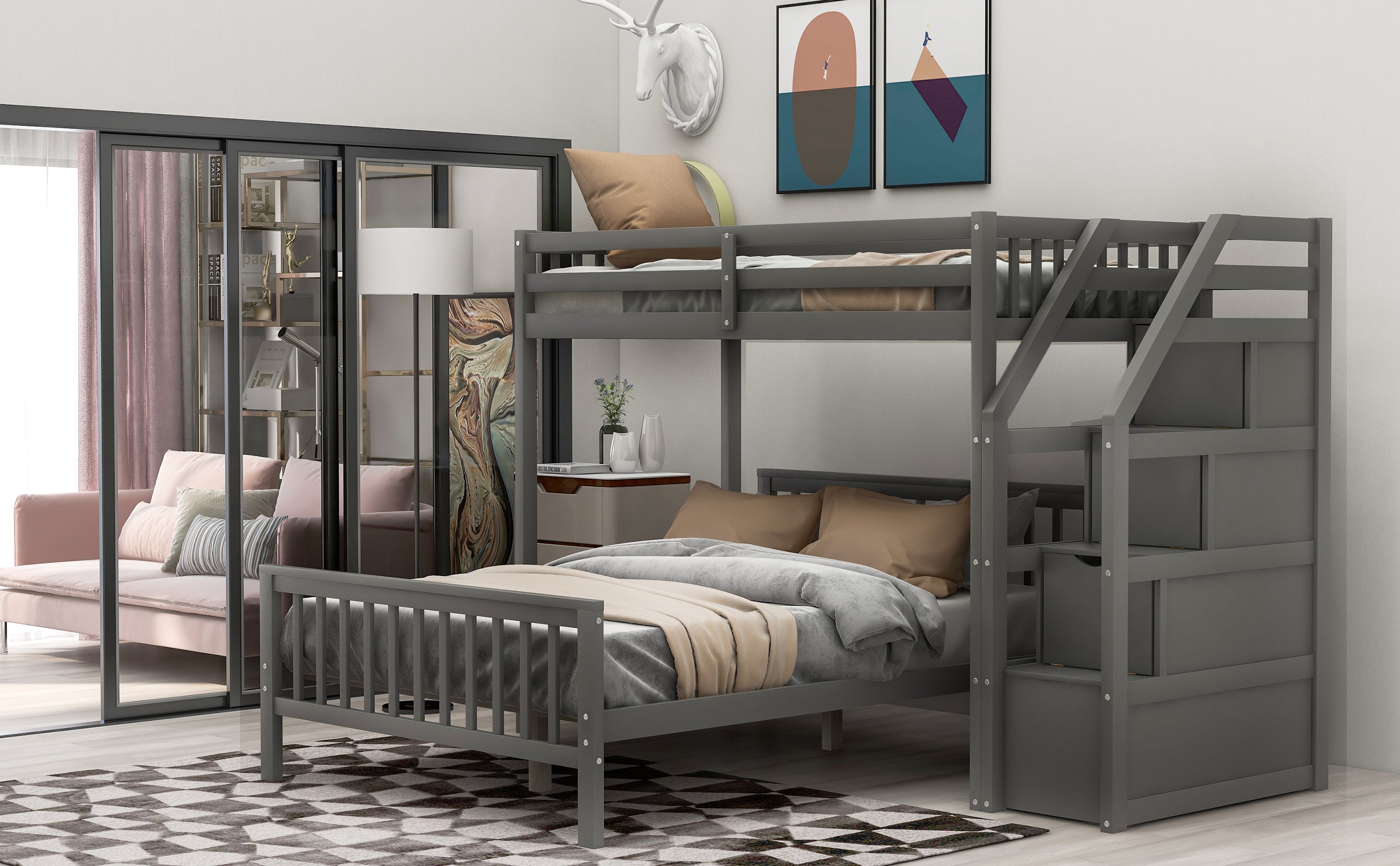 Twin Over Full Loft Bed with Staircase, Gray