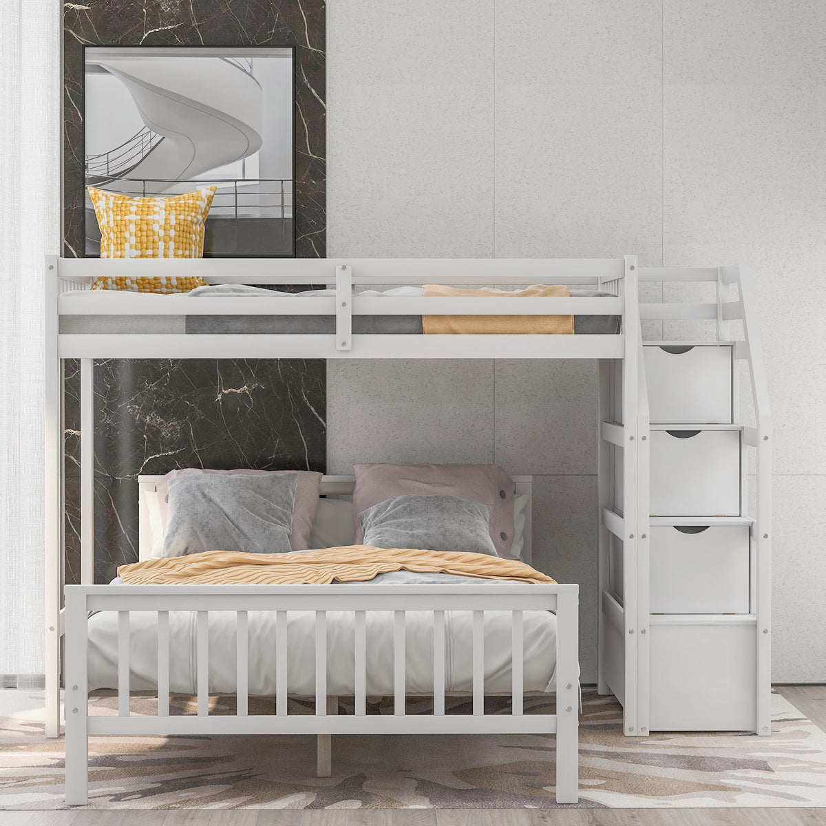 Twin Over Full Loft Bed with Staircase, White
