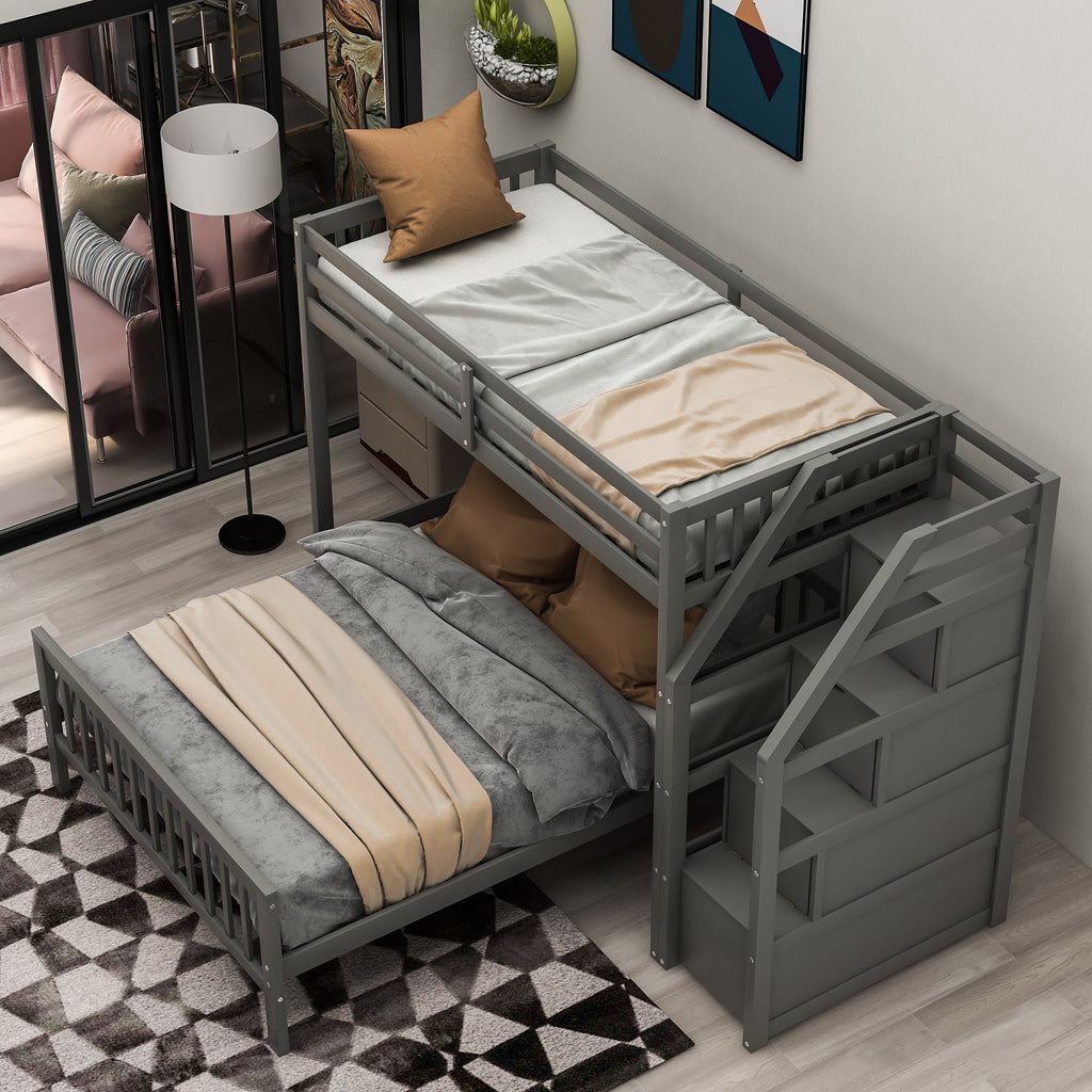 Twin Over Full Loft Bed with Staircase, Gray