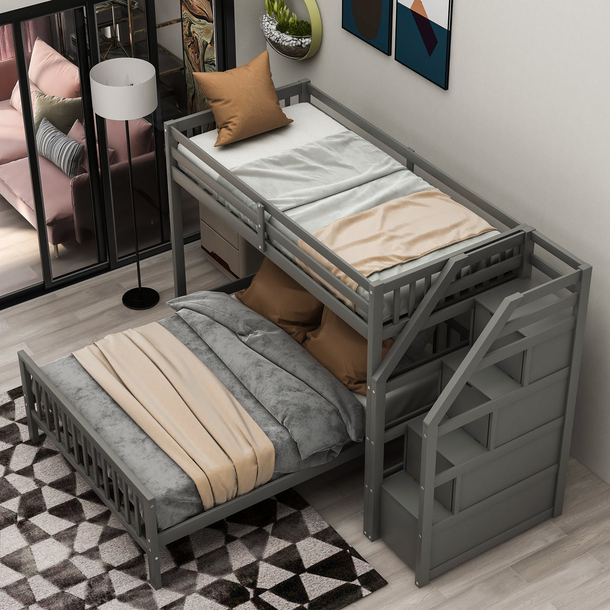 Twin Over Full Loft Bed with Staircase, Gray