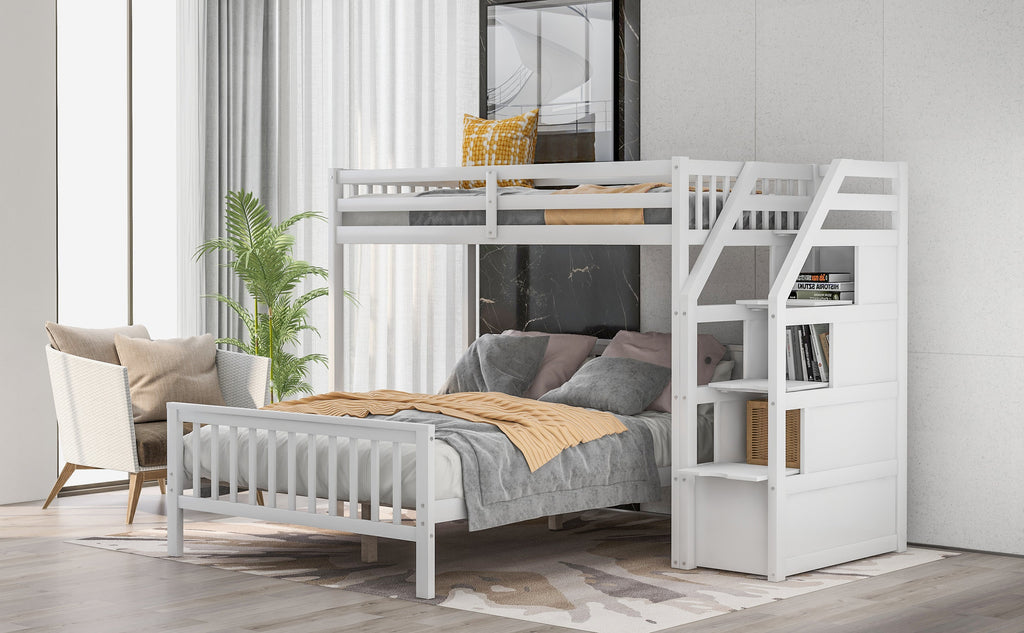 Twin Over Full Loft Bed with Staircase, White