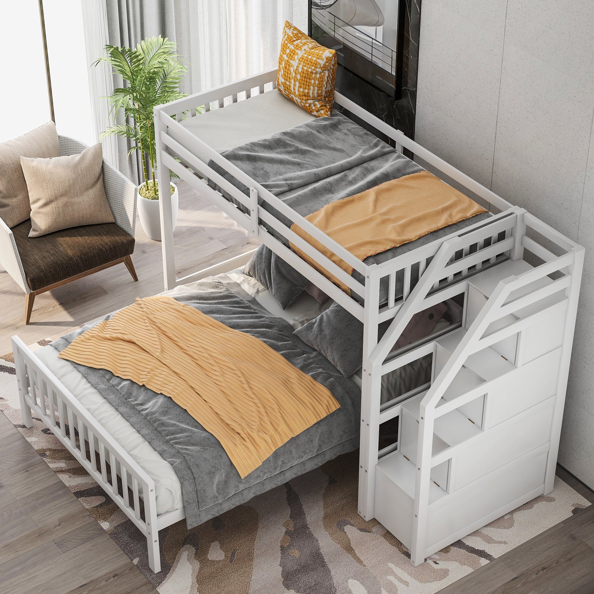 Twin Over Full Loft Bed with Staircase, White