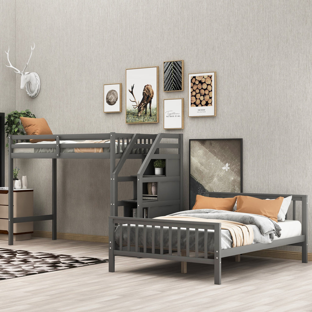 Twin Over Full Loft Bed with Staircase, Gray