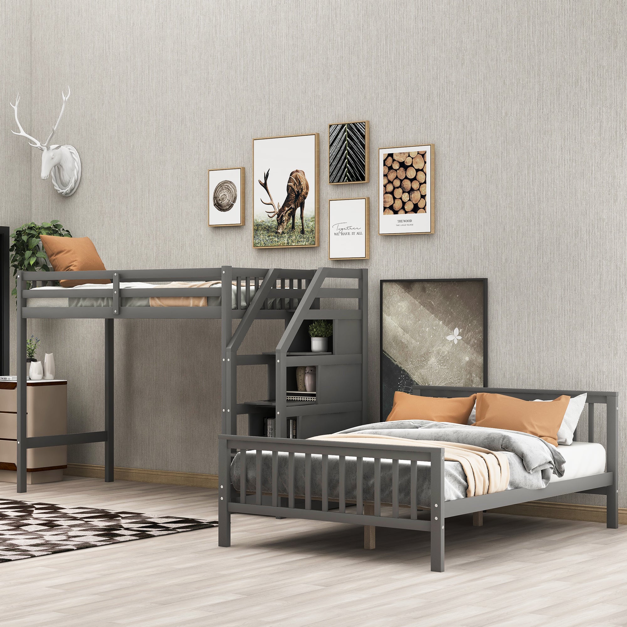 Twin Over Full Loft Bed with Staircase, Gray
