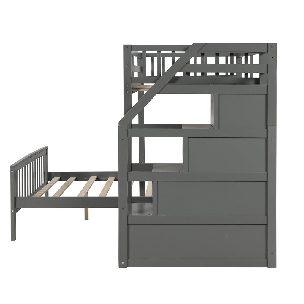 Twin Over Full Loft Bed with Staircase, Gray