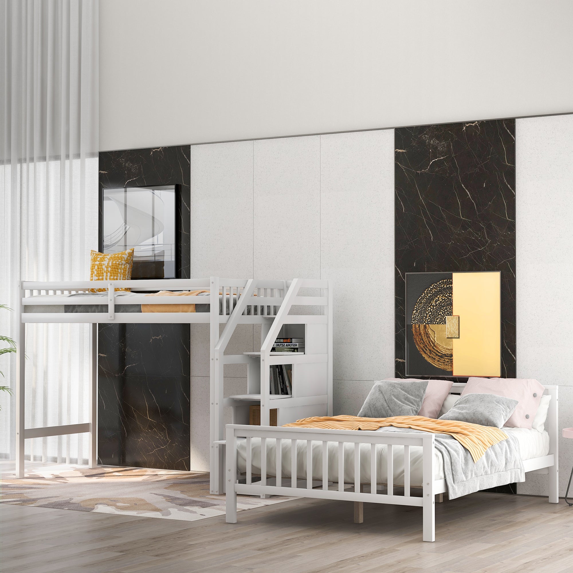 Twin Over Full Loft Bed with Staircase, White