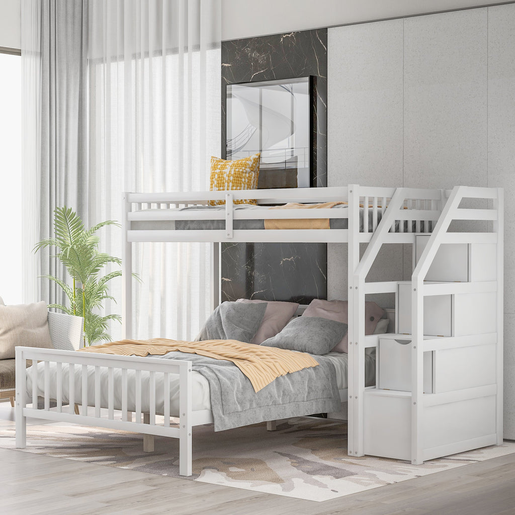 Twin Over Full Loft Bed with Staircase, White